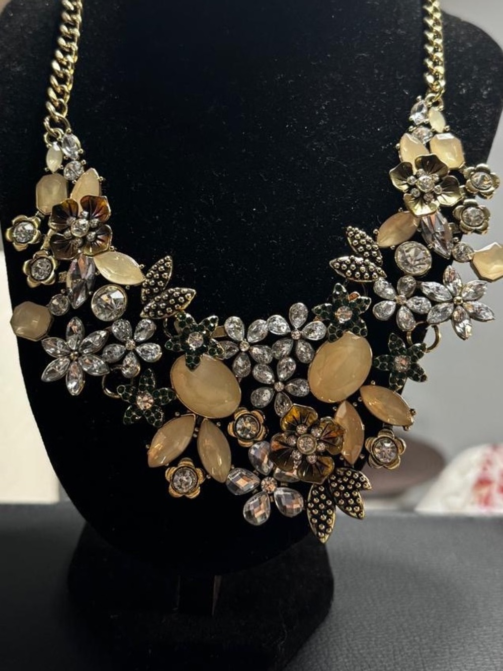 Gold Floral Statement Necklace with Beige Stones wedding Party Elegant Jewelry